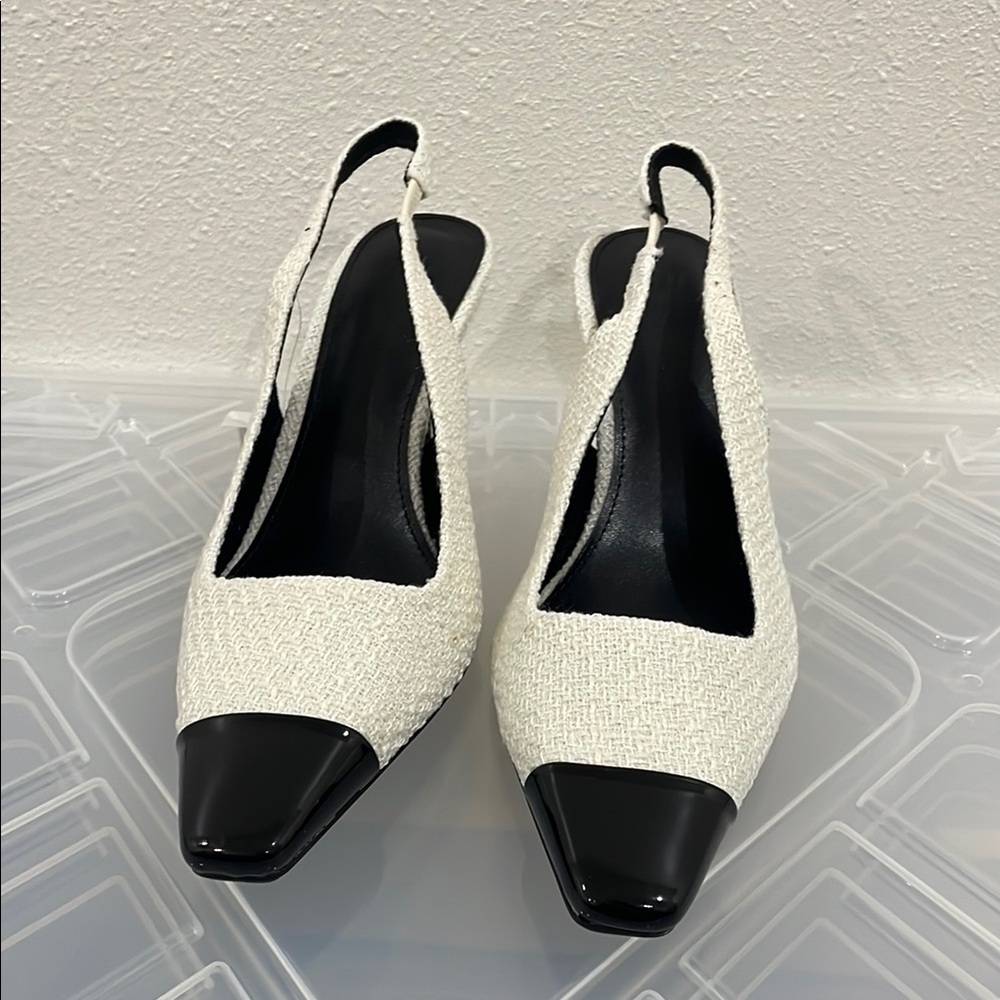 White and Black Slingback Heels